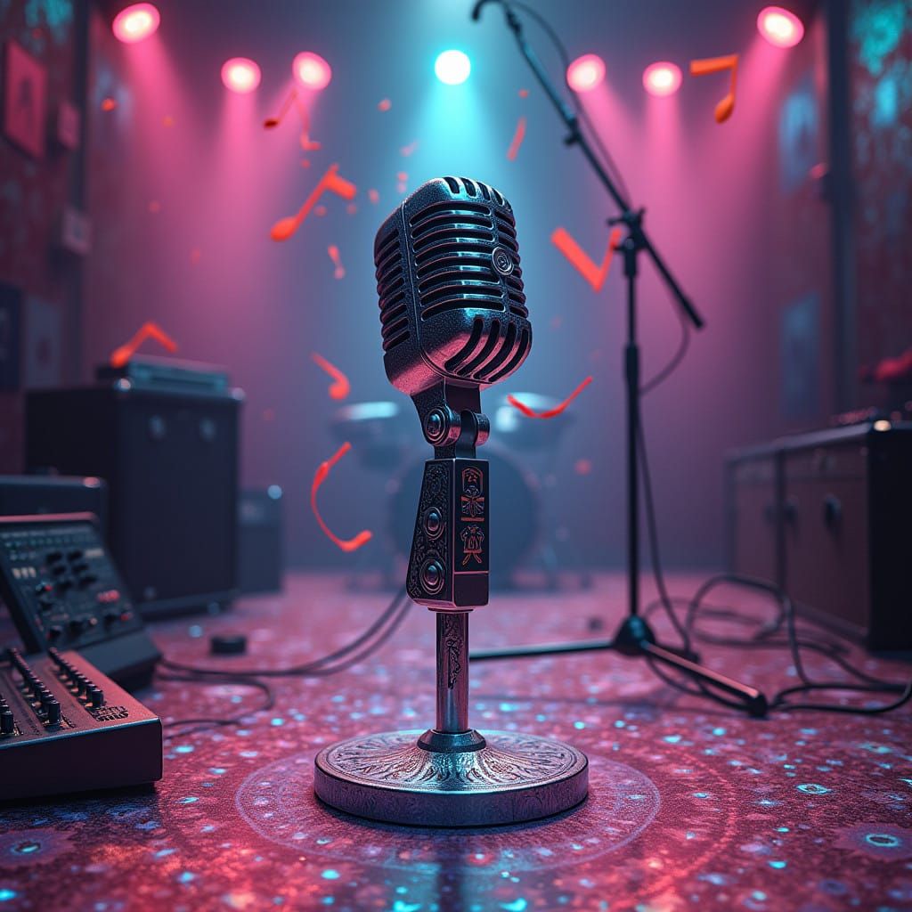 Futuristic Microphone in Mosaic Lights as Cyberpunk Art