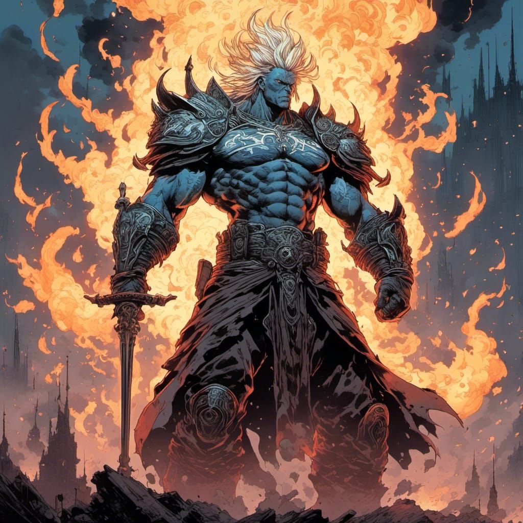 Armored Warrior with Blazing Spear in Linocut Style