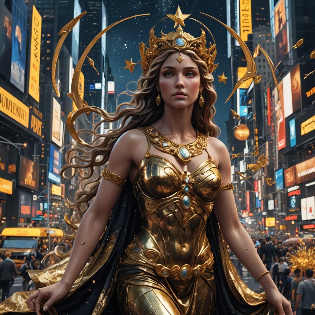 Aphrodite in Times Square: Hyperrealistic Golden Goddess