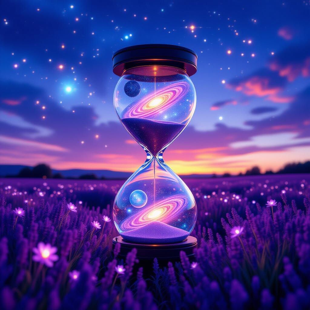 Galactic Hourglass in Lavender Field, Ethereal Art
