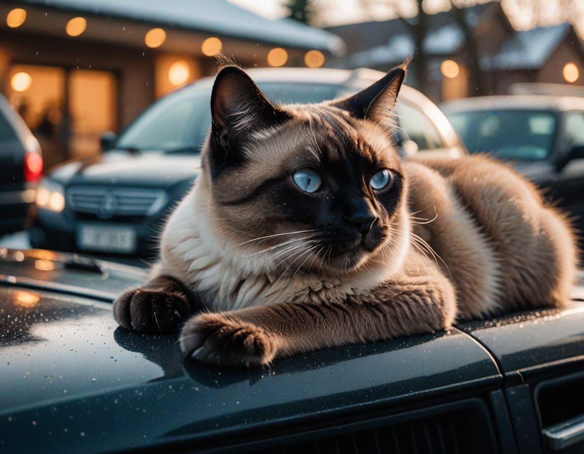 Siamese Cat Sleeps on Warm Car Hood in Winter