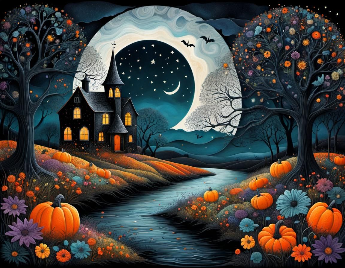 Magical Rendezvous Under Stars: Whimsical Dark Illustration