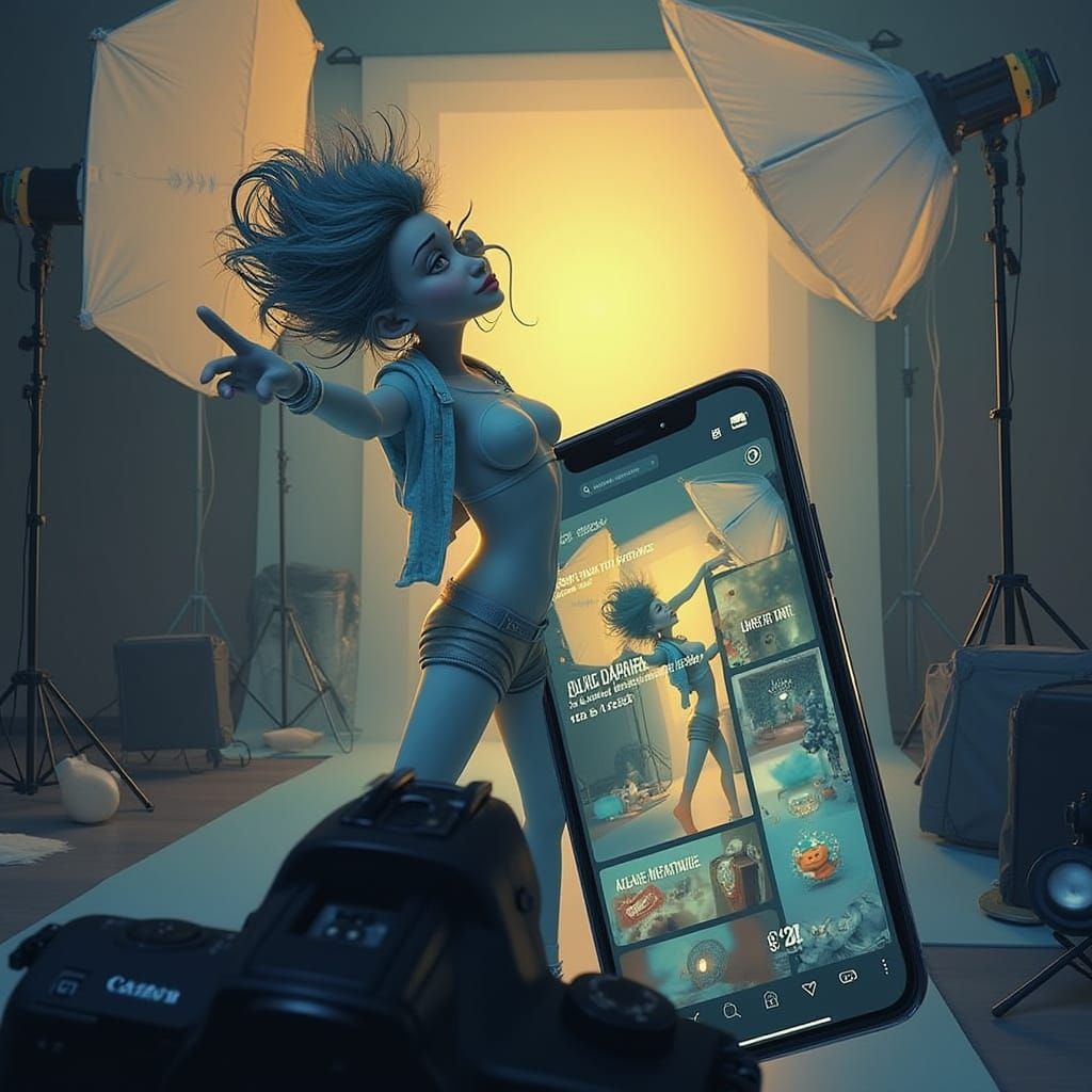 Pixar-Style Character Posing with Giant Smartphone