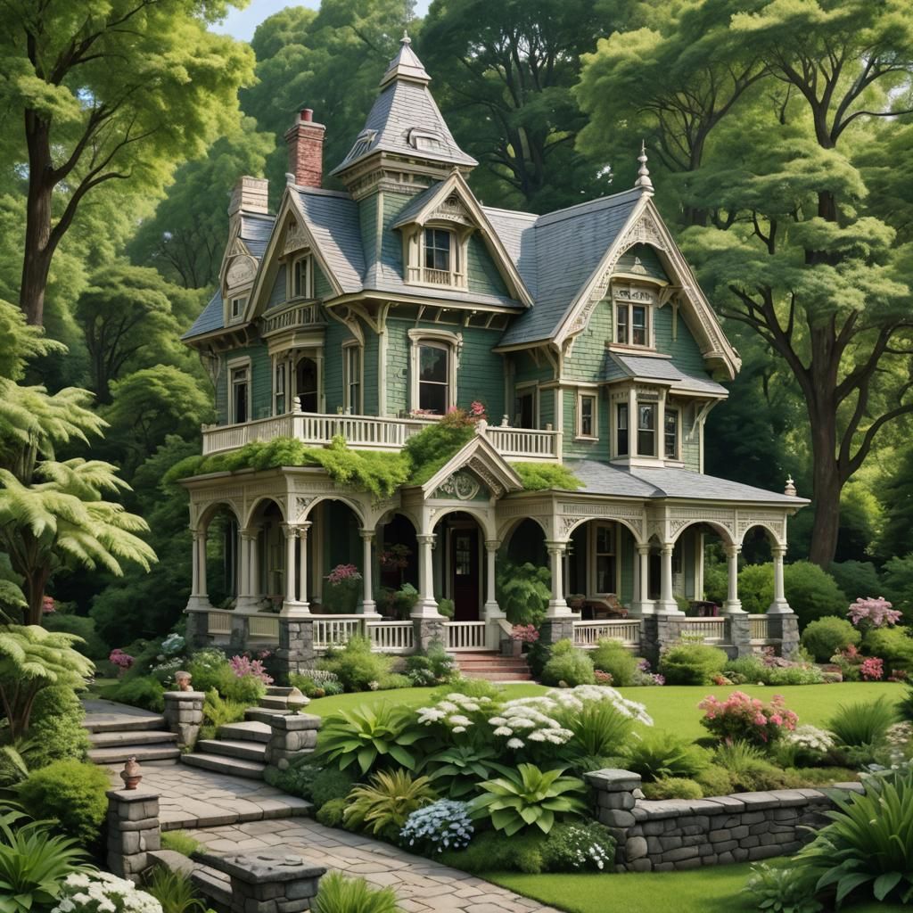 Victorian Houses in Lush Greenery Watercolor Sketch