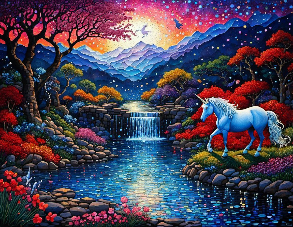Intricate Mosaic Art: Mythical Creatures and Stardust Waterf...