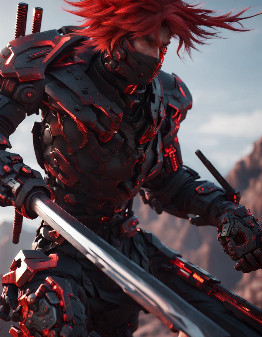 Futuristic Ninja with Katana in Sci-Fi Volcanic Scene