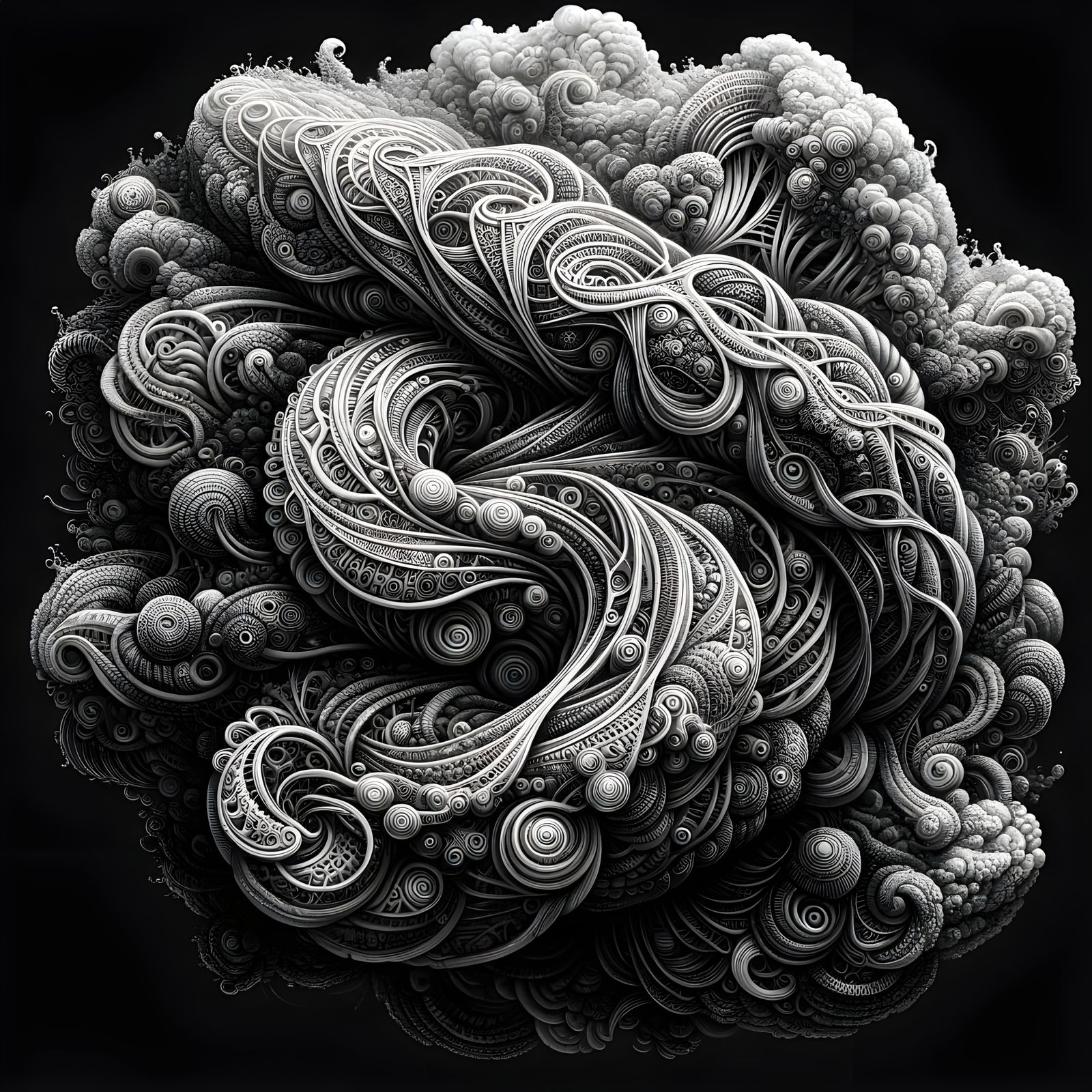 Intricate Charcoal Drawing of Abstract Twisted Patterns