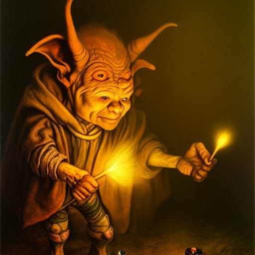 Goblin with Match: Oil Painting by Rembrandt & Froud