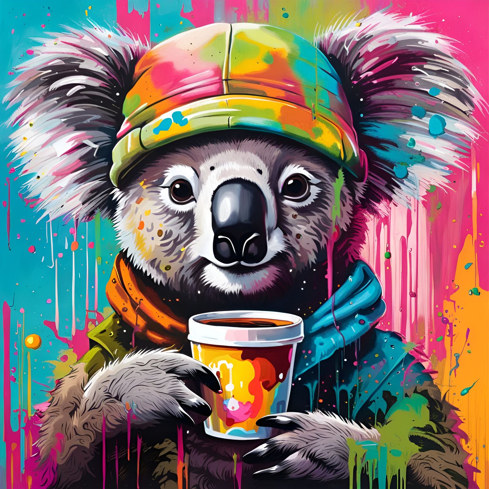 Koala in Beanie: Graffiti Art at Coffee Shop