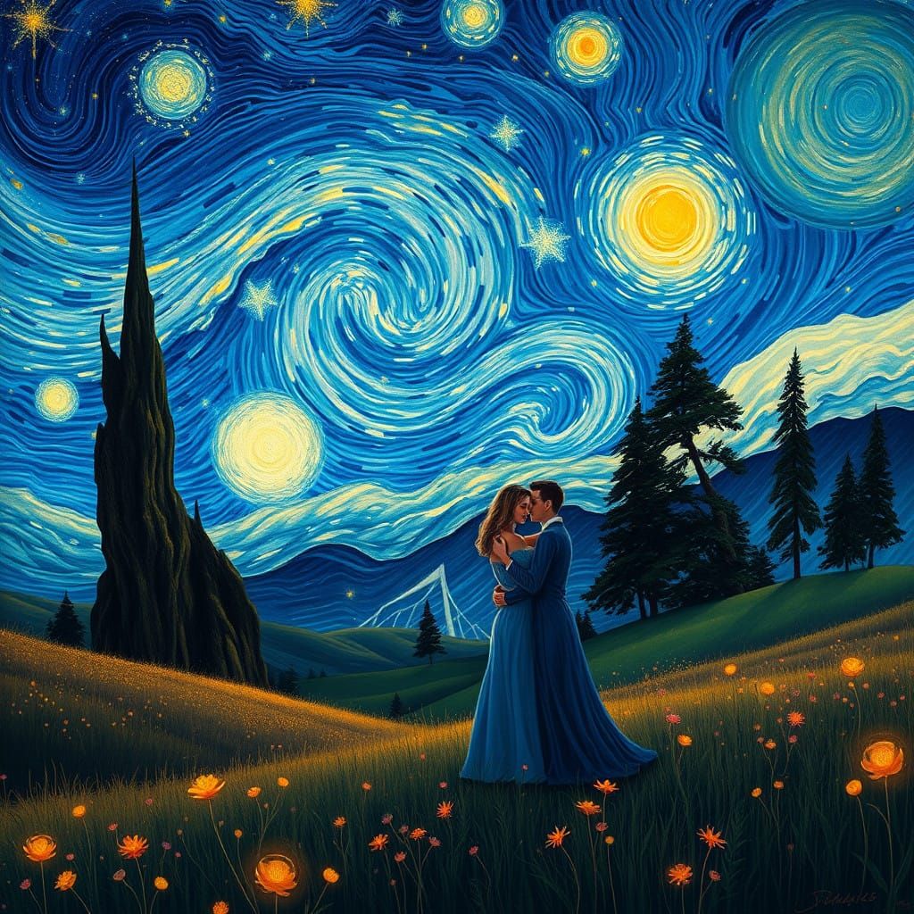 Dreamlike Couple Embracing Under Starry Night Sky