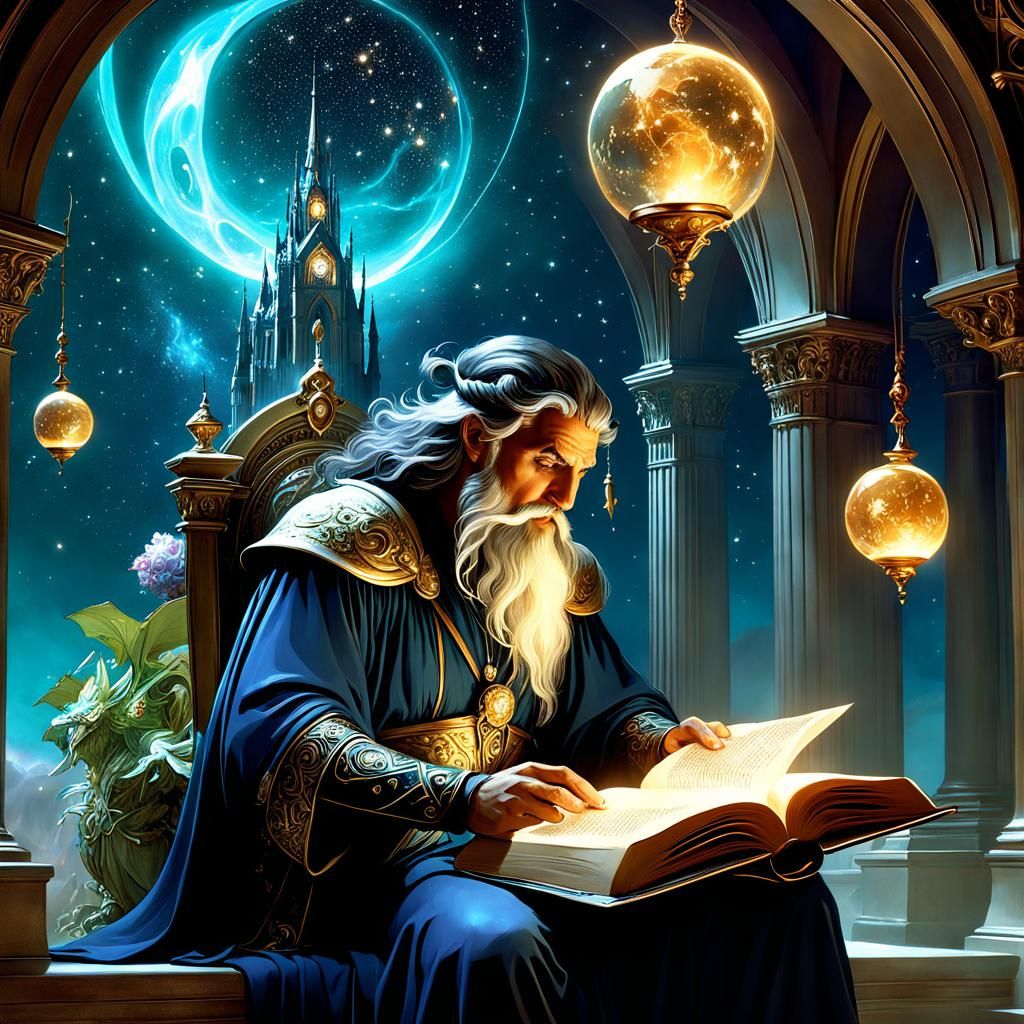 Mythical Sorcerer Reading in Fantasycore Style