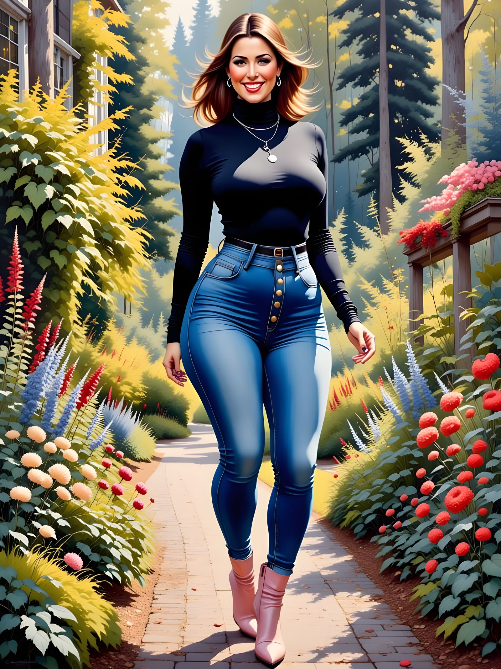 Enticing Woman in Garden, Oil Painting Style