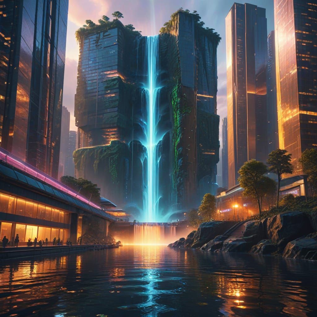 Futuristic Waterfall Skyscraper Cityscape in Fantasy Style