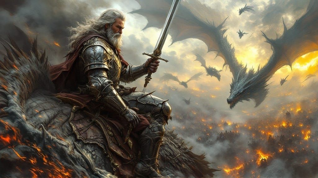 Majestic Knight Dragon Battle Scene in Encaustic Style