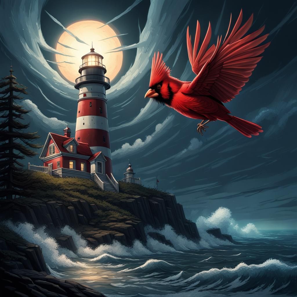 Cardinal Flying Past Lighthouse: Pixar Style