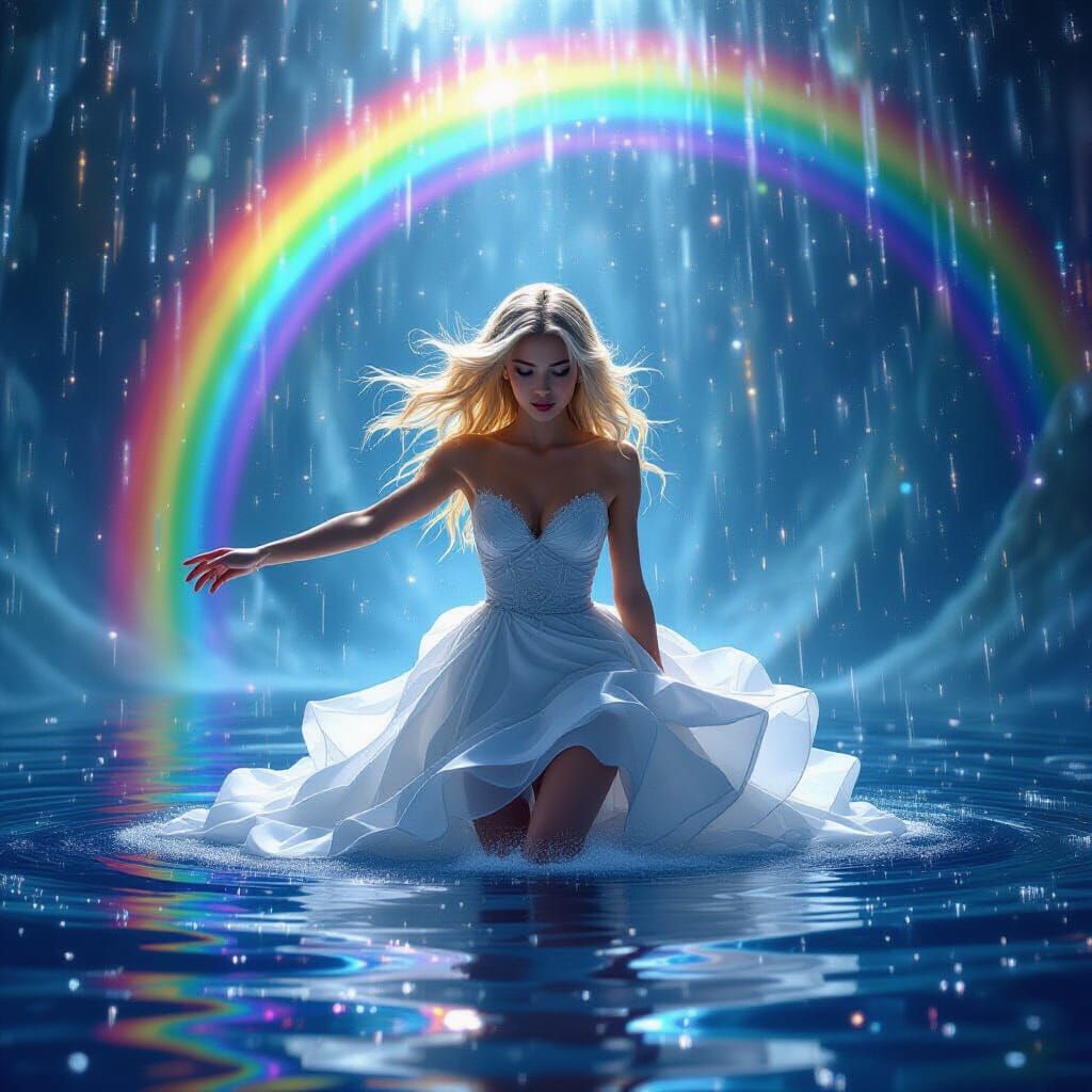 Woman in Zero Gravity with Rainbow and Swirling Rain