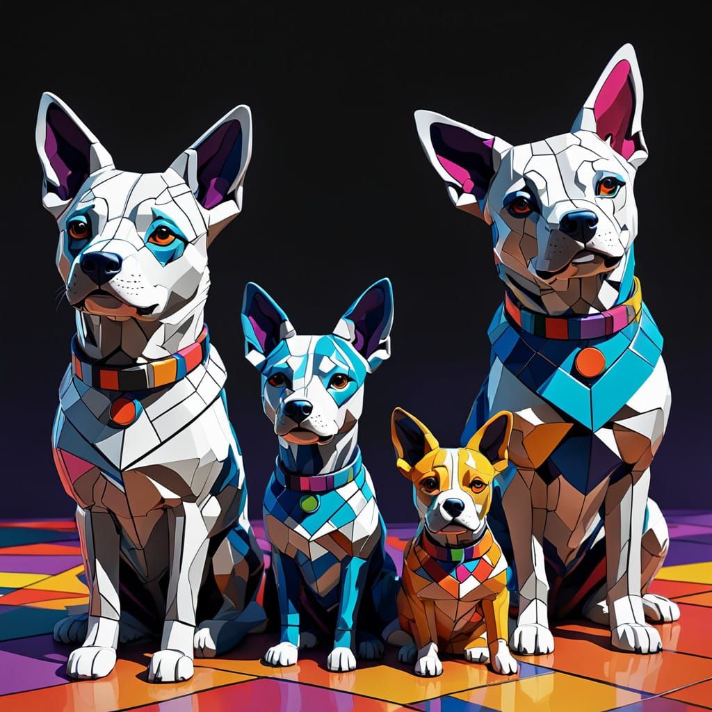 Stylized Clay Dogs in Triadic Colors, Graphic Screen Print S...