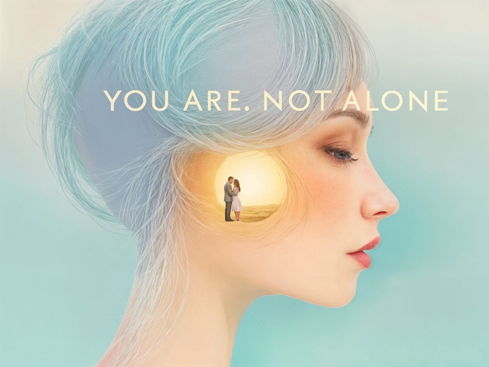 Surreal Mindscape: People Hugging, Calming Colors