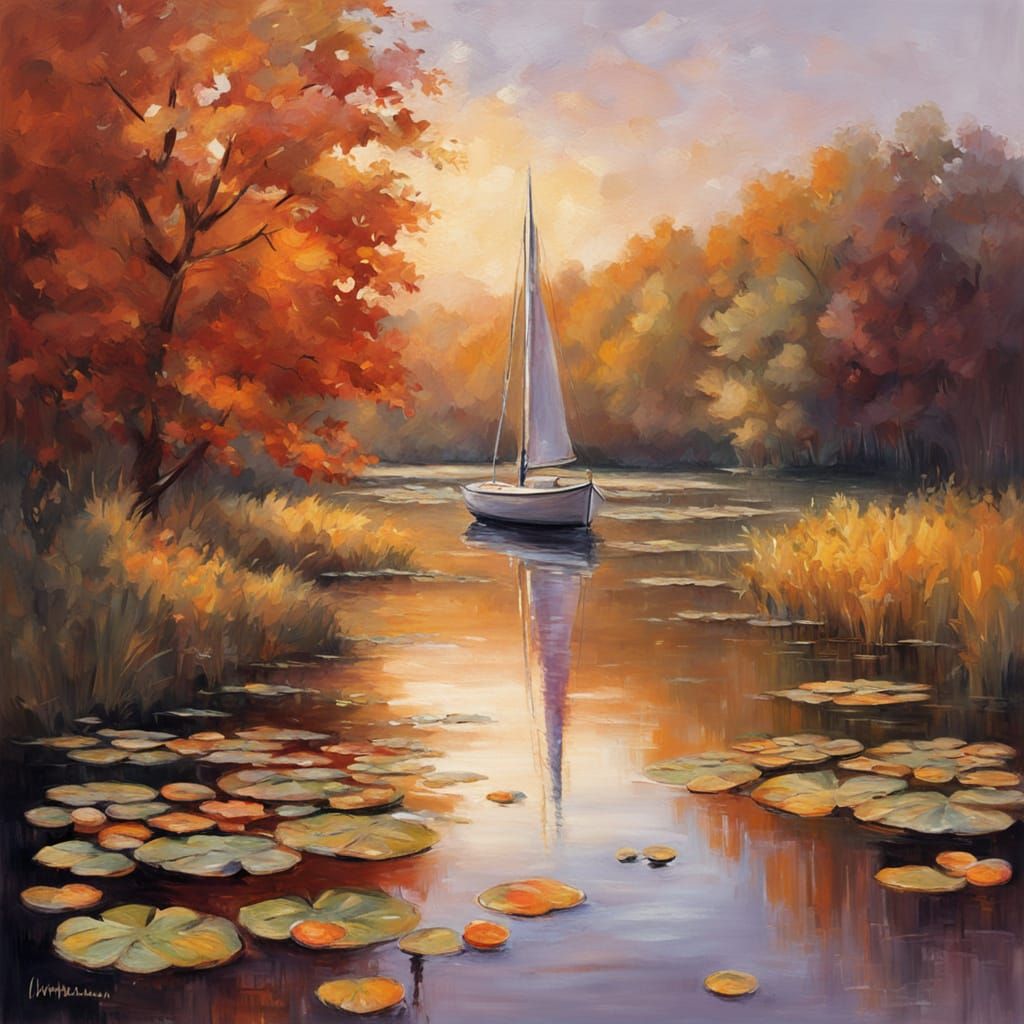 Dreamy Autumn Sailboat Sunset Oil Painting