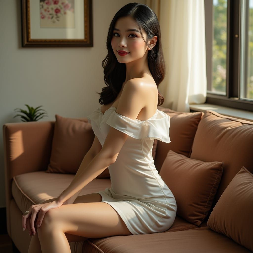 Elegant Asian Woman in Stylized Dress on Velvet Sofa