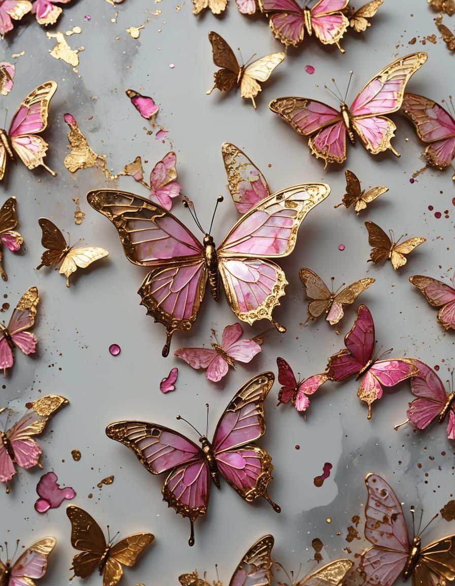 3D Butterfly with Pink Gold Flecks and Ink Effect