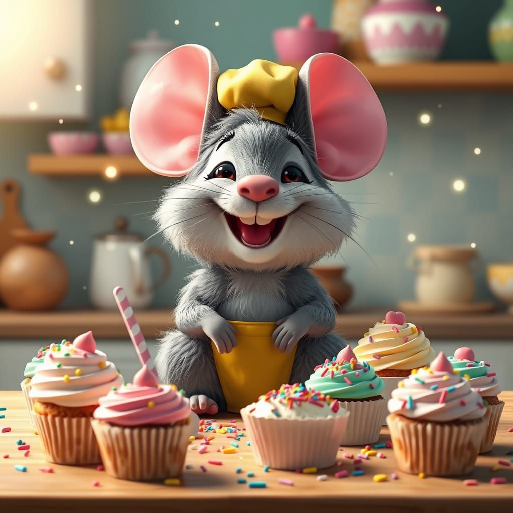 "Adorable cartoon mouse baker, laughing joyfully on the kitc...
