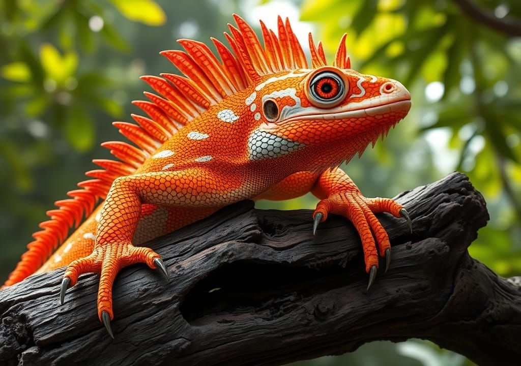 Exotic Lizard with Fiery Scales in Lush Forest