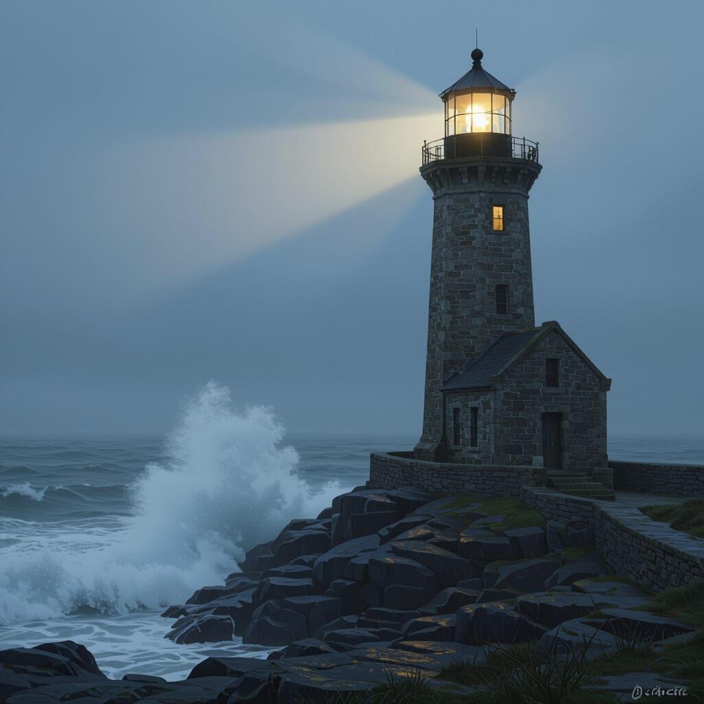 Weathered Lighthouse on Rocky Coast in Misty Evening