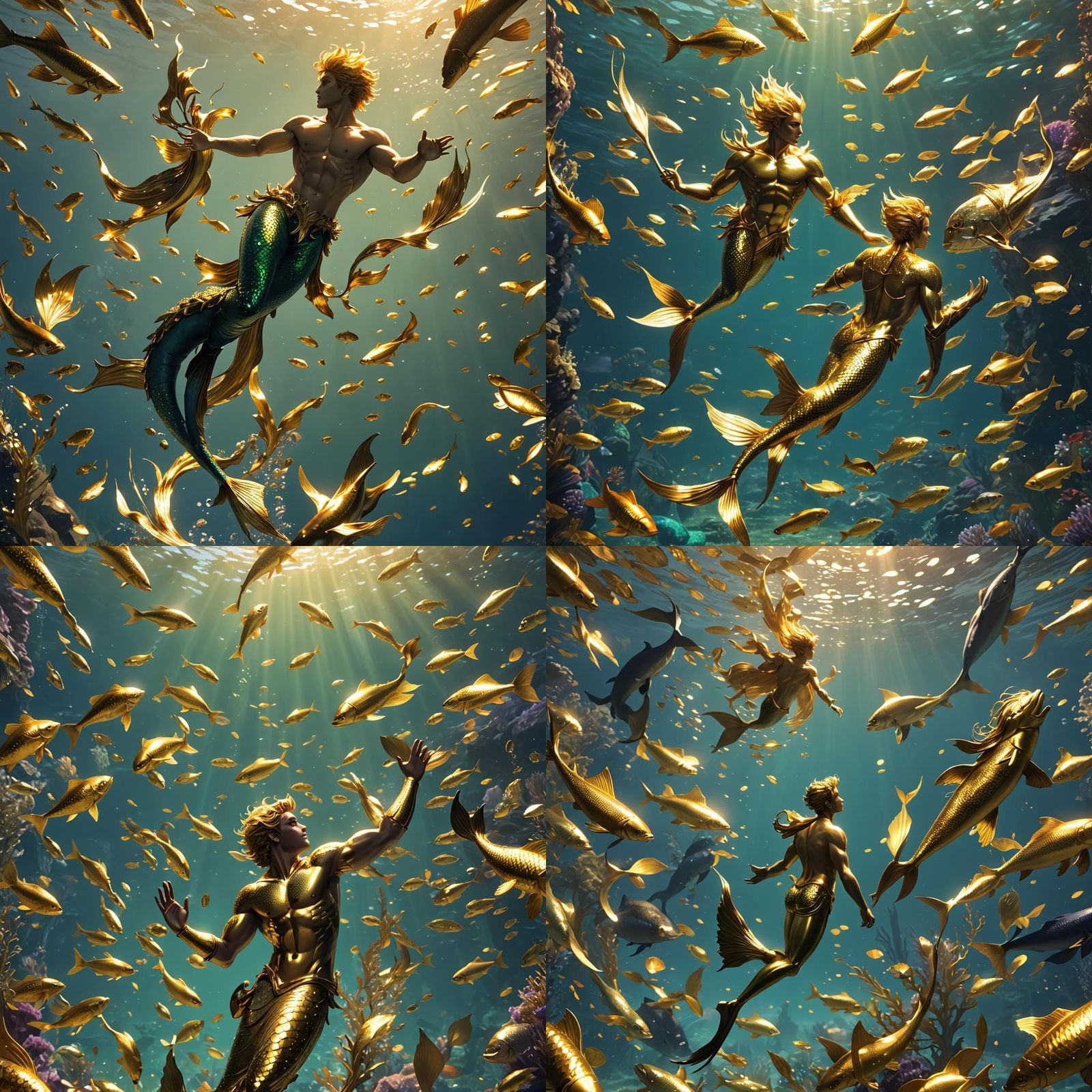 Vibrant Golden Merman Kingdom in 3D Anime Style