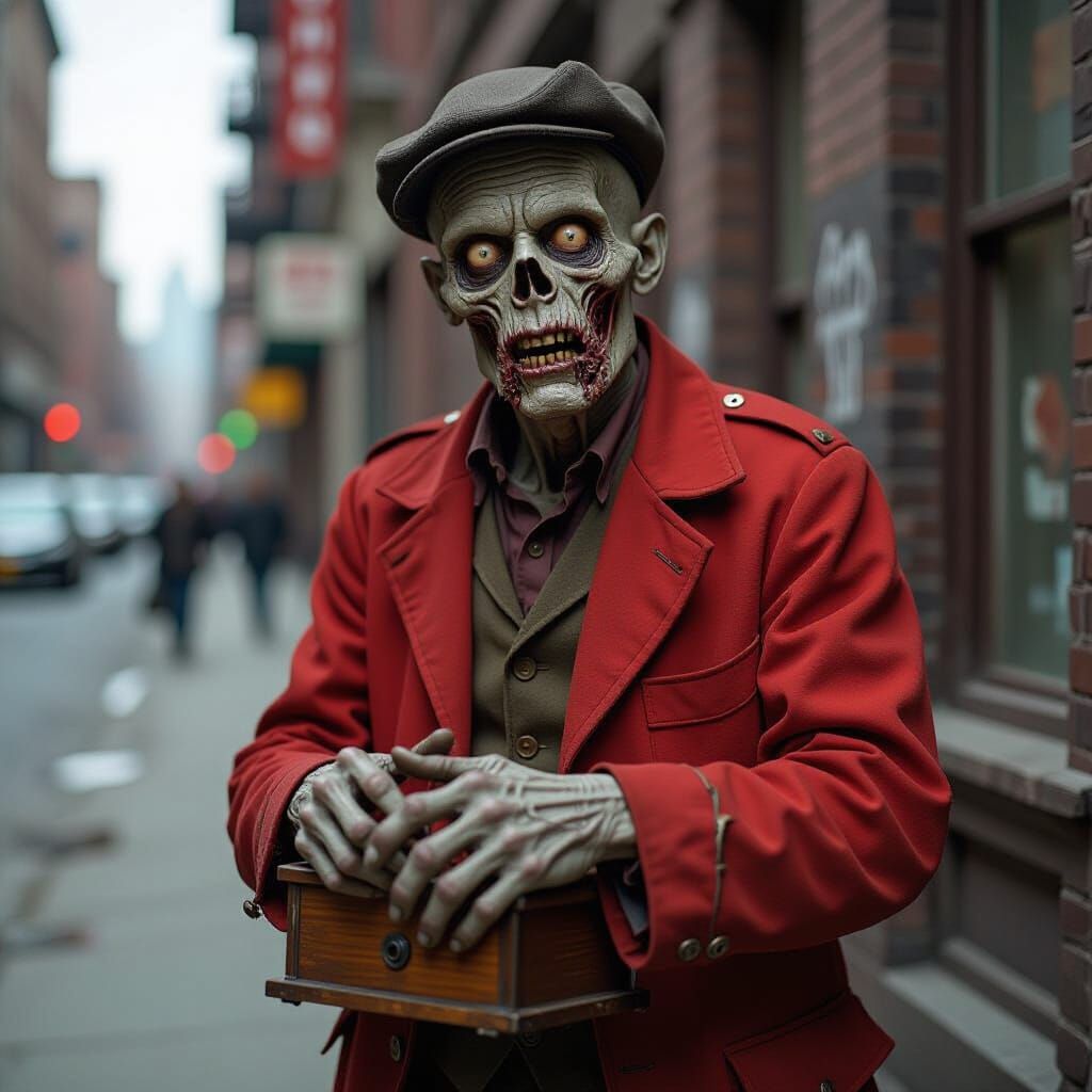 Zombie Organ Grinder in Cinematic Horror Style