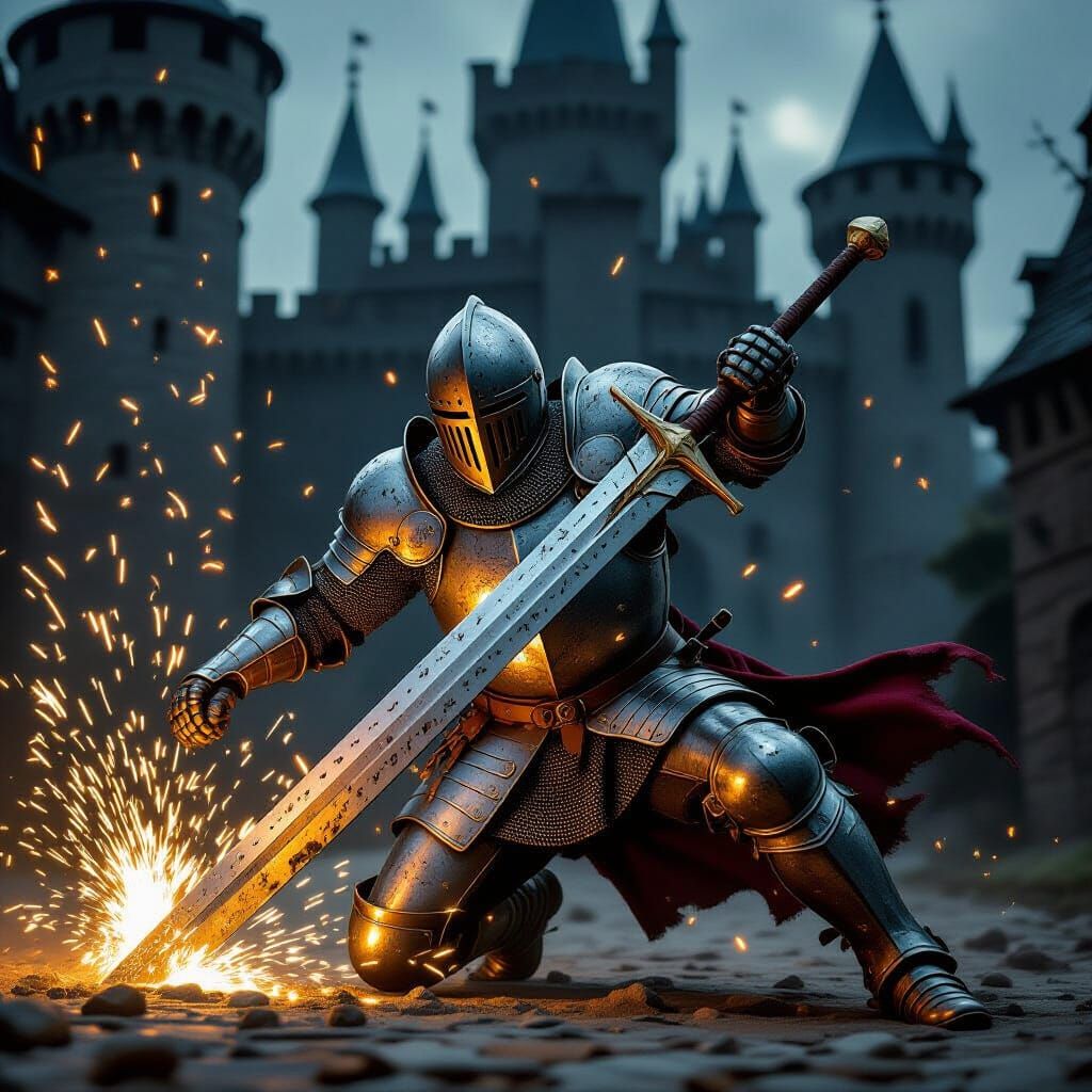 Knight's Comical Fall: Sparks Fly as Sword Fails