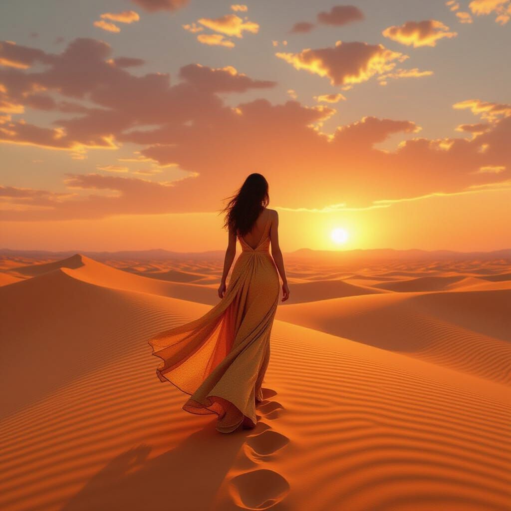 Woman in Sand Dress Walks Desert at Sunset