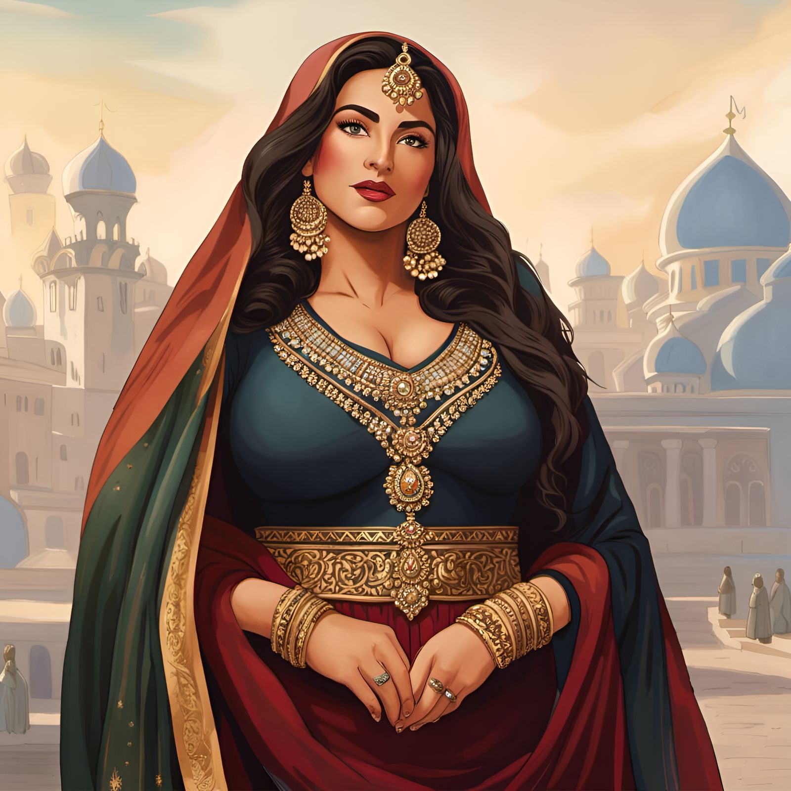 Chubby Middle Eastern Woman in Watercolor Style