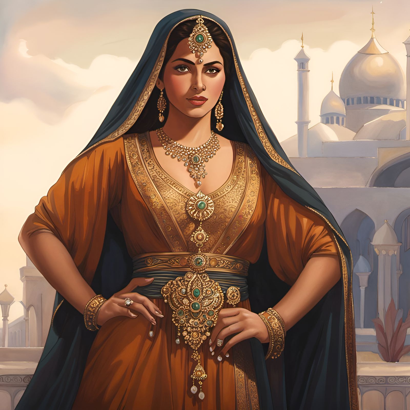 Watercolor Portrait of Chubby Woman in Silk Abaya