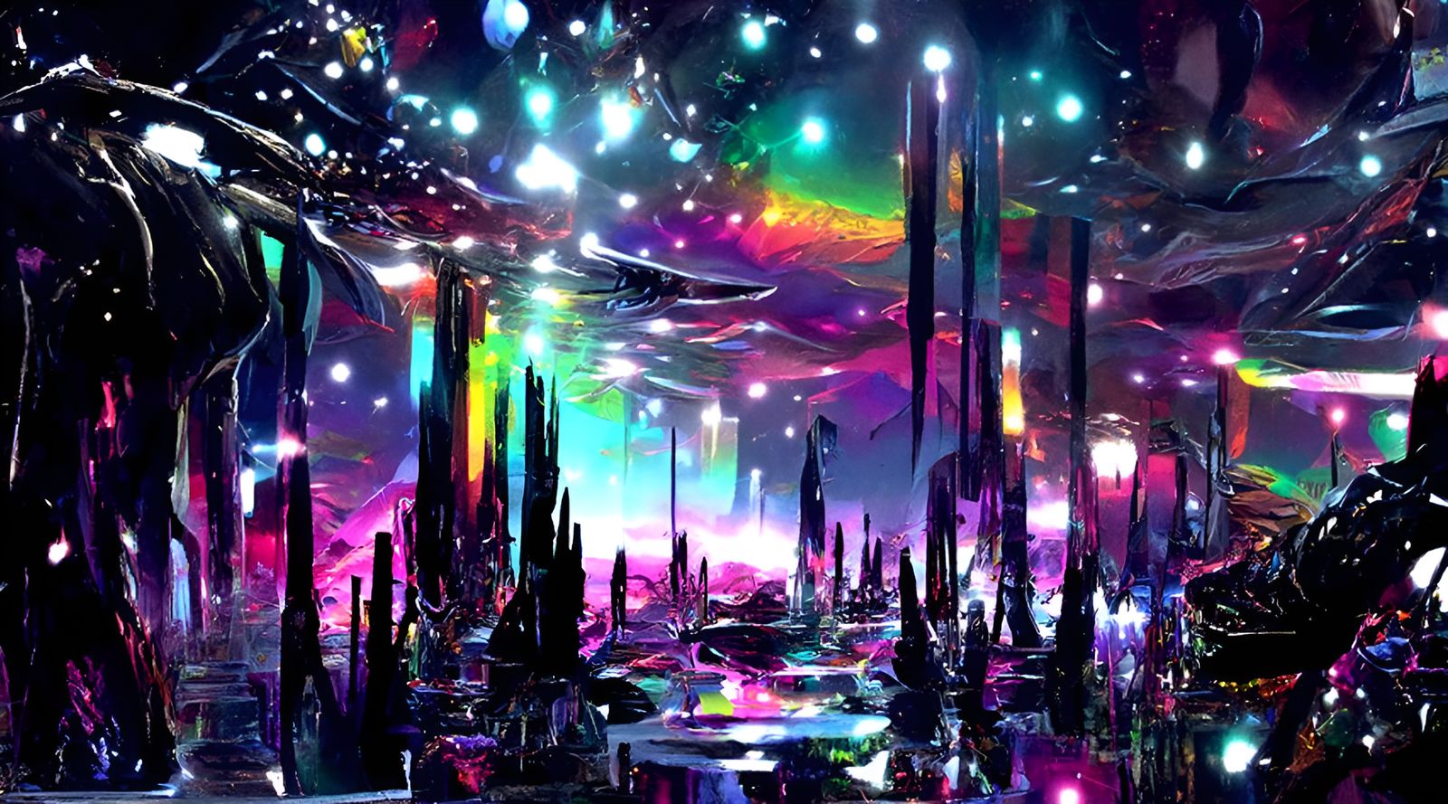 Iridescent Neon Alien World in Ukiyo-e Style