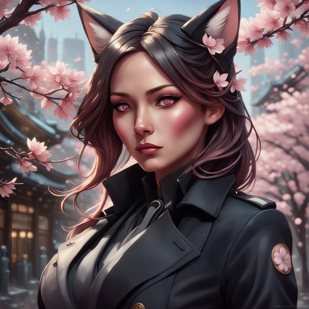Kitsune Princess in Black Suit Amidst Cherry Blossoms