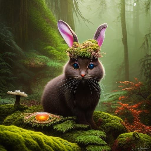 Mossy Flower Bunny Cat in Golden Forest