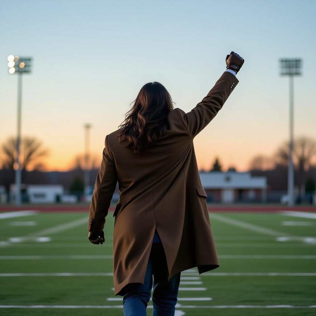 Man in Church Coat on High School Football Field