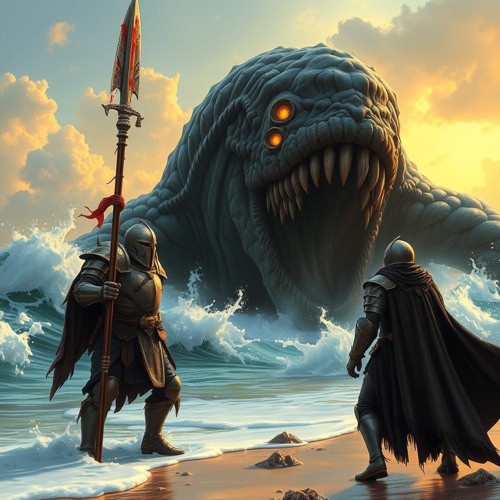 Knights Confront Oceanic Monster at Dawnbreak