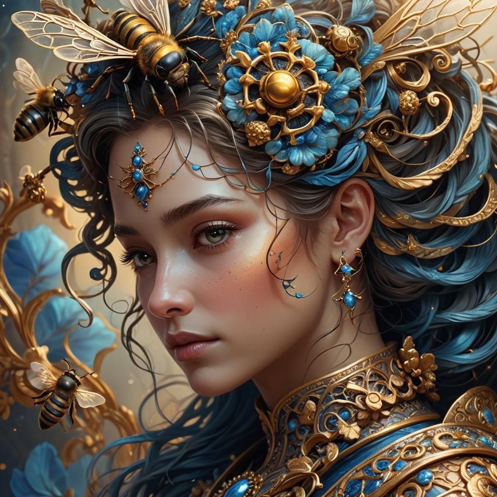 Bee Resting on Woman's Ornate Hair Ornament