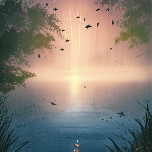 Misty lake with fireflies