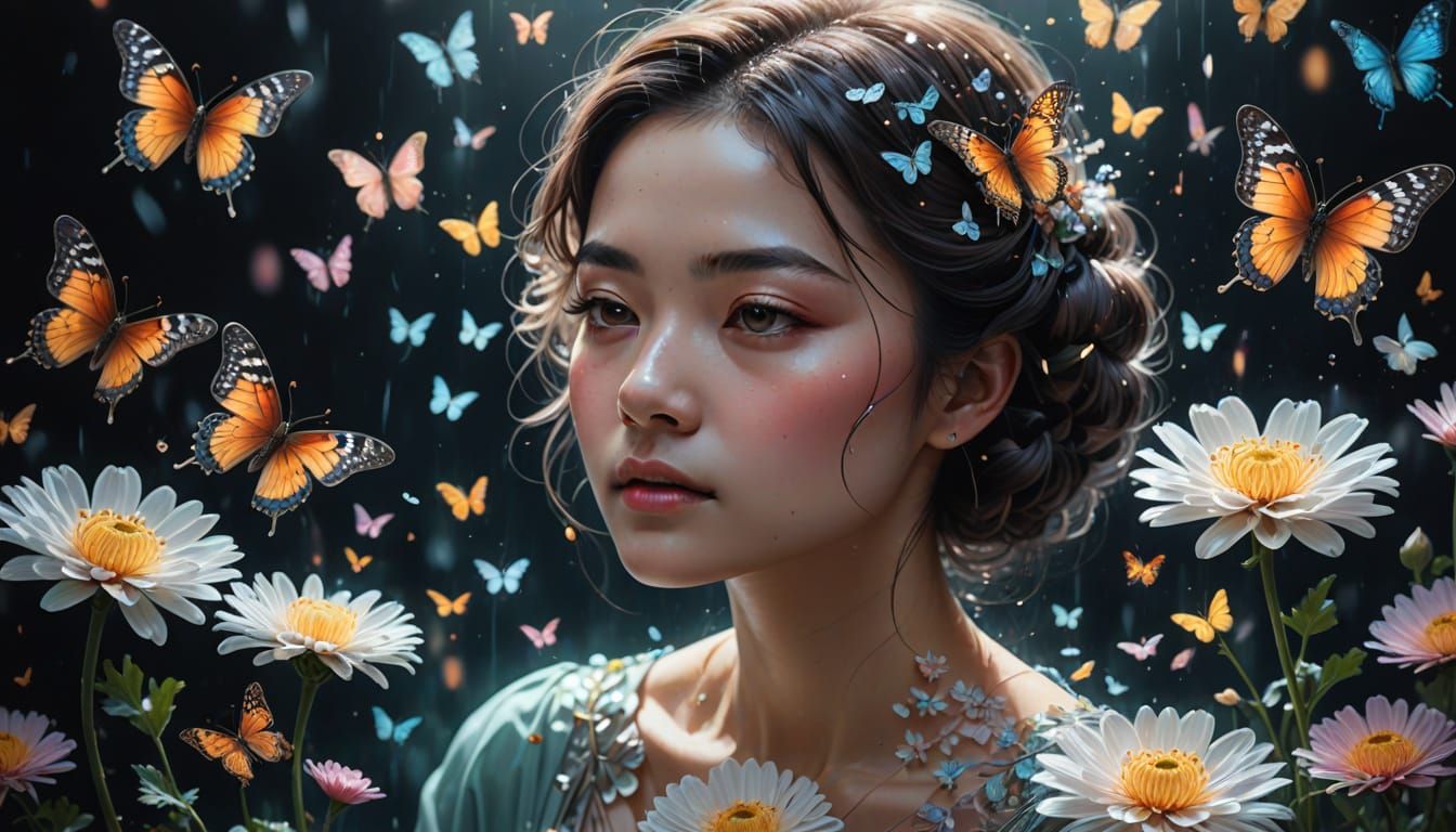 Woman and Glass Chrysanthemum in Impressionist Splash Art