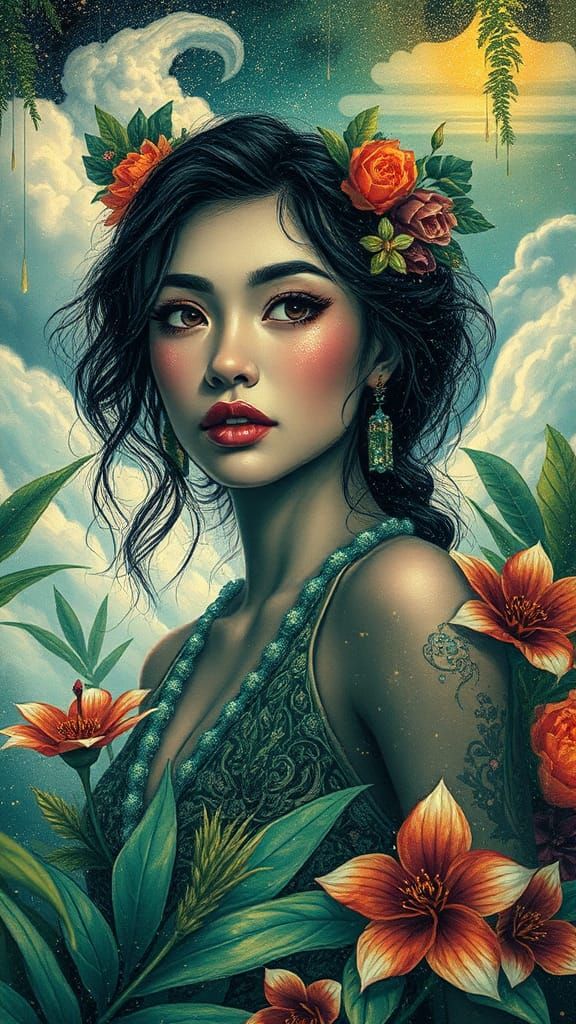 Polynesian woman with an ethereal aura, surrounded by lush greenery and vibrant florals