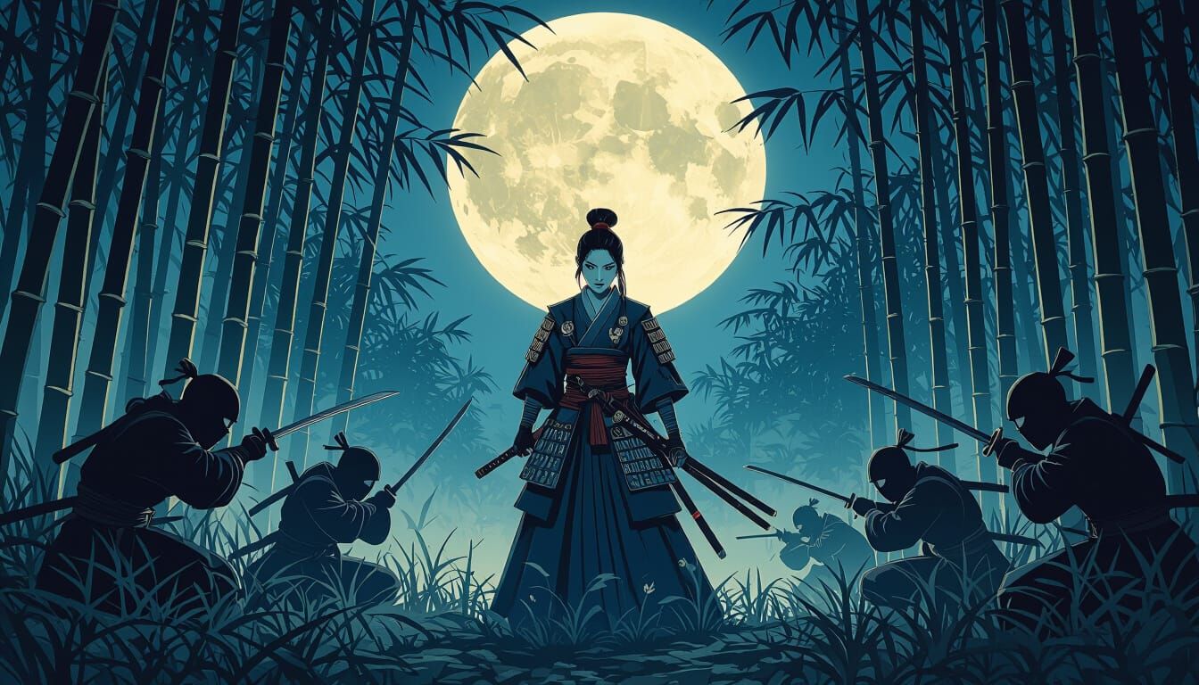 Samurai Versus Ninja in Bamboo Forest: Ukyio-e Style