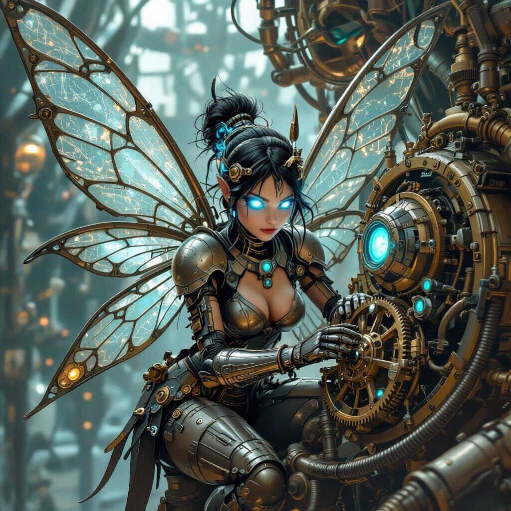 Steampunk Mechanic Fairy Repairs Futuristic Machine