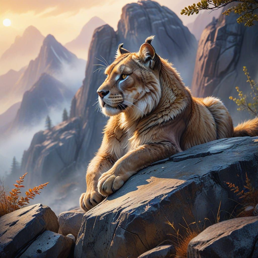 Saber-Toothed Cat Resting in Watercolor Fantasy Landscape