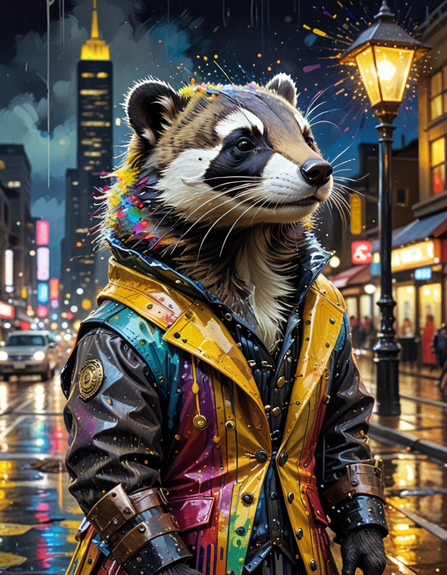 Steampunk Badger in Rainbow Dress, Vivid Tokyo Night