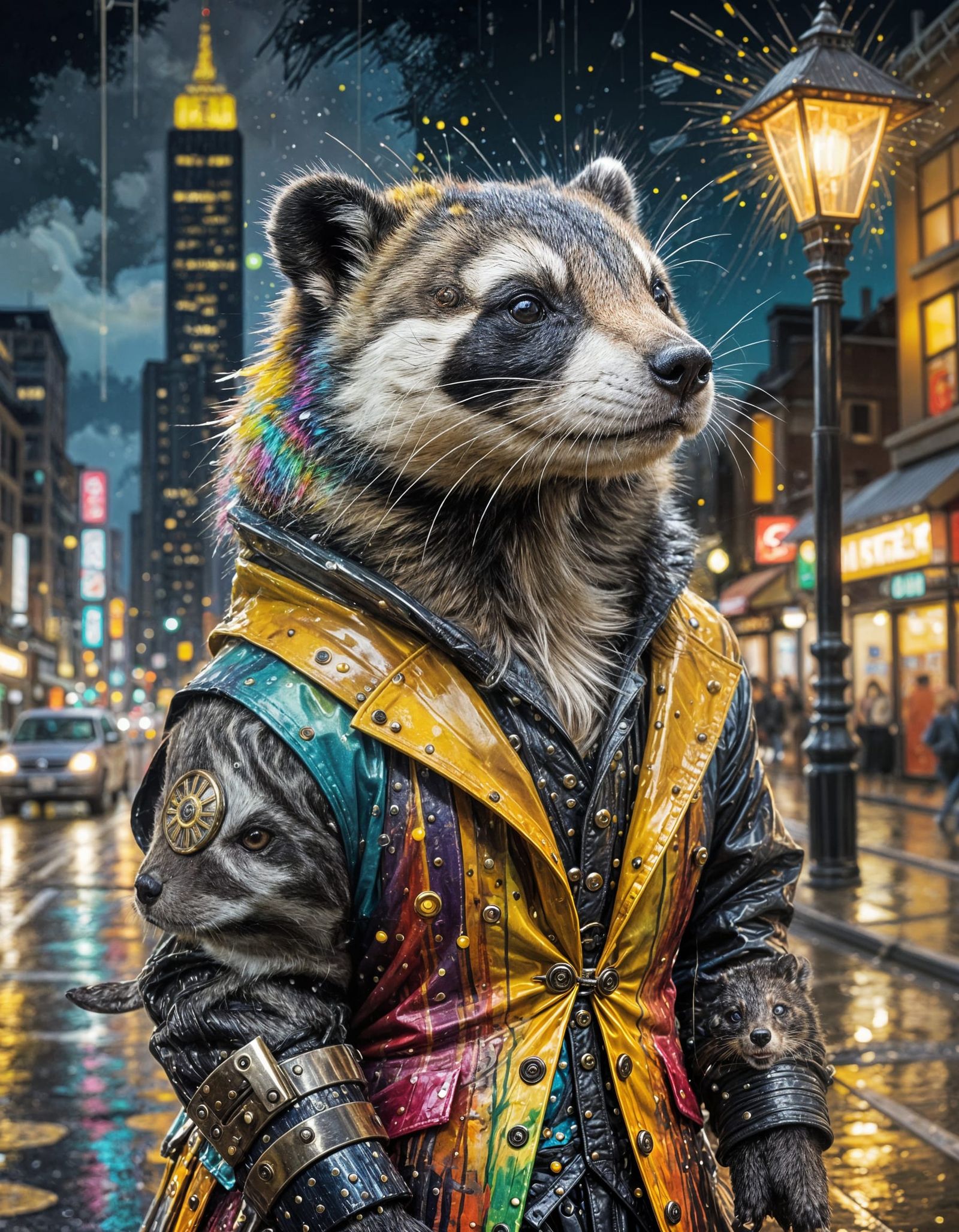 Steampunk Badger Illustration in Rainbow Dress