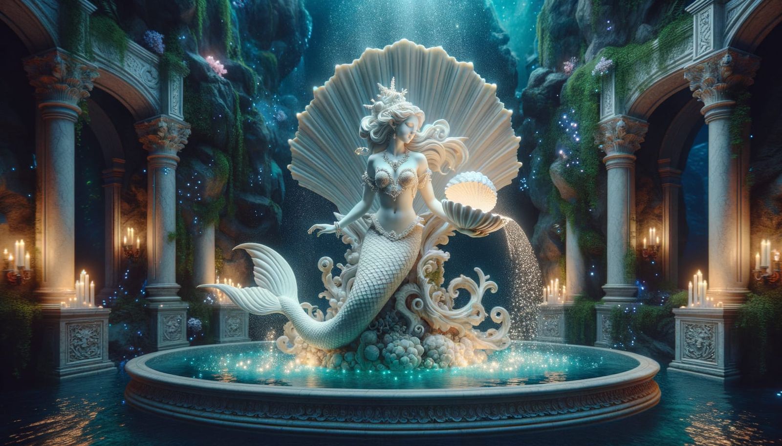 Radiant Mermaid Statue in Underwater Grotto