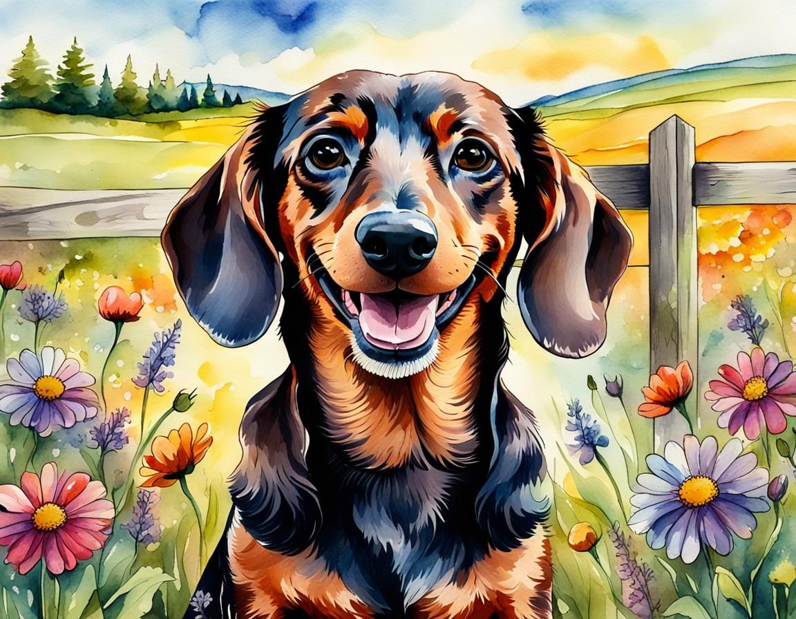 Happy Dachshund in Wildflower Meadow Watercolor